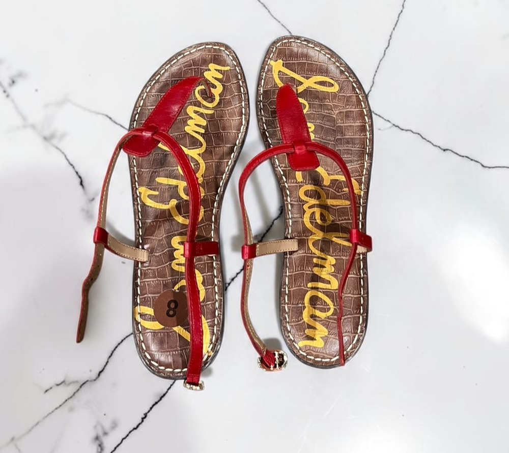 Sam Edelman Womens Size 8 Red Leather Gigi Ankle Strap Thong Sandals Flat Shoes